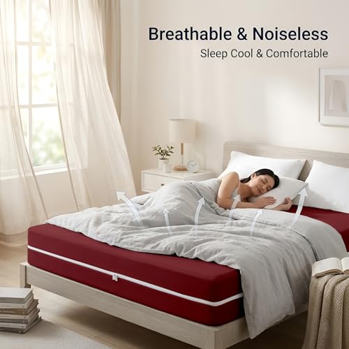 Image of 100% Waterproof Single Size Zipper Mattress Encasement - Ultra Soft & Breathable Six-Sided Bed Cover, Dustproof Noiseless Fitted Design, 72x30 Inch (6x6 Feet), Fits Up to 6 Inch Mattress, Maroon