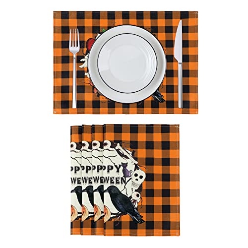 Image of Placemats Set of 6 Halloween Pumpkin Kitchen Table Mats Set of 4 Halloween Ghost Marble Kitchen Accessories Non Slip Placemats Pumpkin and Crow Set of 4