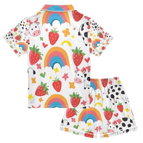 senya Strawberry Rainbow Cow A Satin Summer Pajama Sets Silk Short Sleeve Button Down Sleepwear2