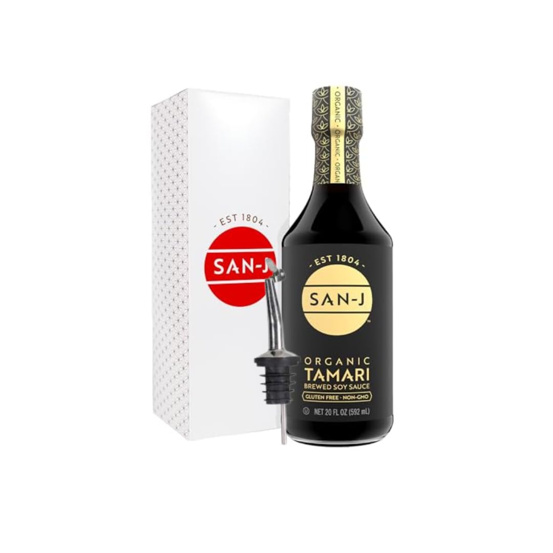San-J - Organic Gluten Free Tamari Soy Sauce - Specially Brewed - Made with 100% Whole Soy - 20 oz. Bottle - Includes a collector's tin and custom pour spout