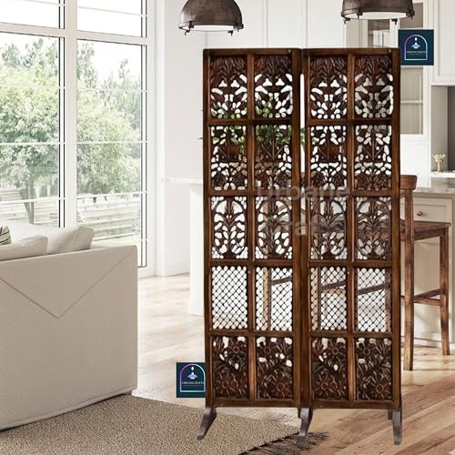 Image of Wooden Room Partition /Screen /Room Divider /Room Separator Burnt Wood Finish (Hand Buffing) Frame Traditional Handicrafts 6Ft Height (2 Panel with Stands)