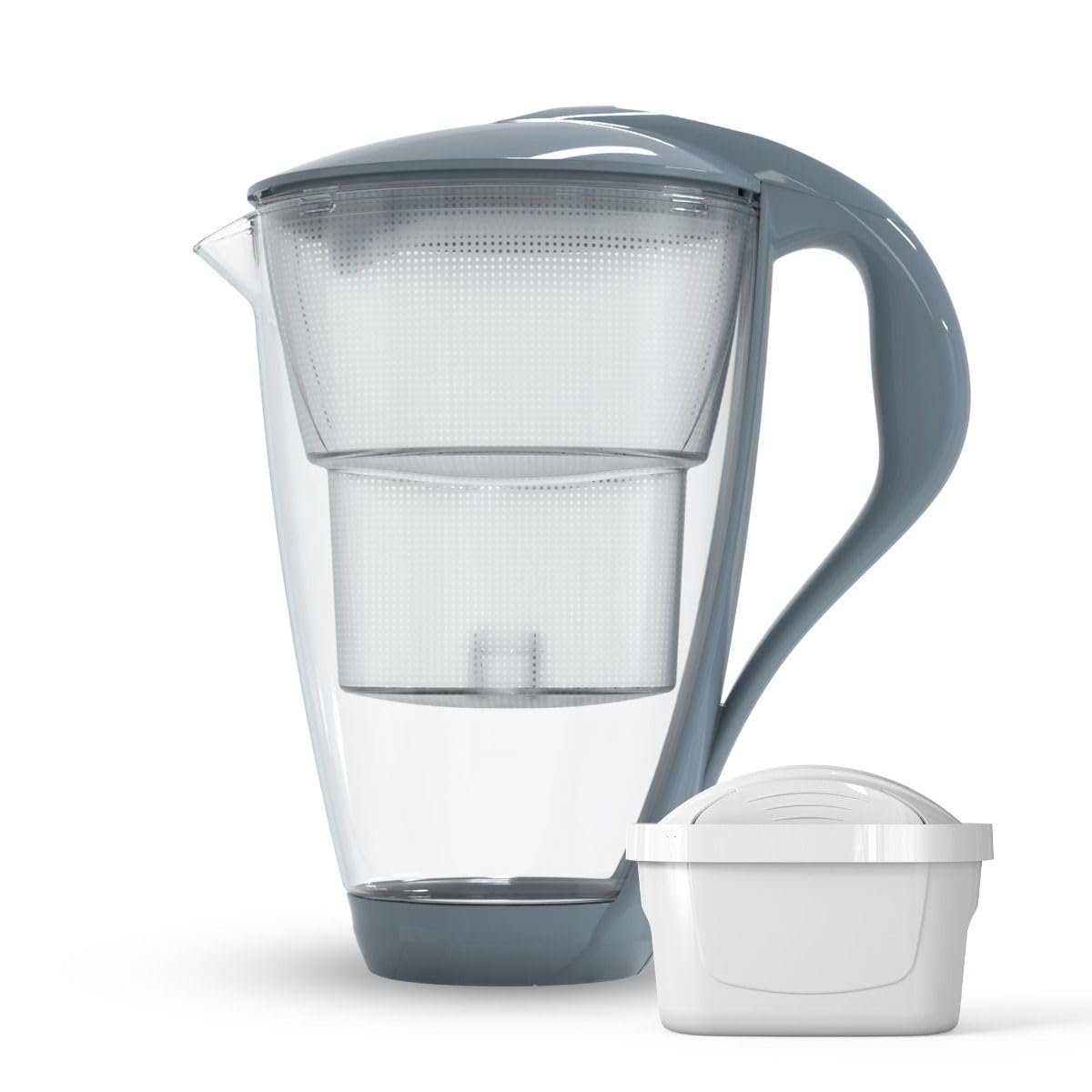 Dafi Jarra Filtradora de Agua de Cristal CRYSTAL Gris 2L - incl. Filtro de Agua UNIMAX, Sistema de Filtrado de Agua para Reducir la Cal, el Cloro, Sin BPA, Sensor LED - Jarra Filtrante de Agua