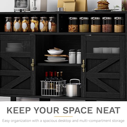 DWVO 55'' Farmhouse Buffet Cabinet with Storage, Large Sideboard Cabinet with 2 Doors & Open Storage, Versatile Coffee Bar Table for Kitchen & Living Room (Black)