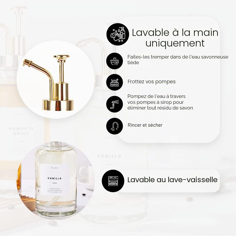Distributeur de Sirop Molimoli pour Bars à Café, Flacon de Sirop en Verre avec Pompe, 16,9 oz 500 ML, Set de 2, Distributeur avec Pompe Améliorée Or