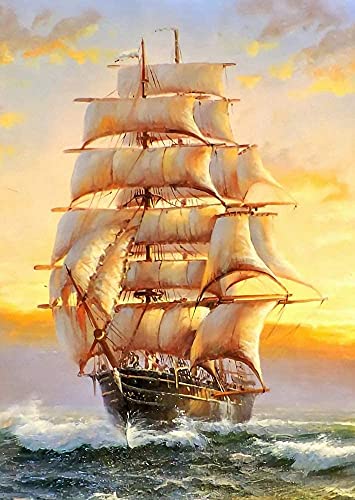 Diy 5D Sailboat Diamond Painting By Number Kit For Adult, Full Drill Sailboat Diamond Embroidery Paintings Pictures Arts Craft For Home Wall Decor 12 X 16 Inch #TOP11