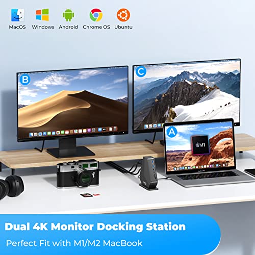 Usb C Docking Station 3 Monitors With Power Supply, 4Urpc Docking Station Dual Monitor For Macbook Pro M1/M2 Dell Hp Lenovo, Universal Laptop Dock With 2 Hdmi, Dp, 6 Usb, Gigabit Ethernet, Sd/Tf #TOP4