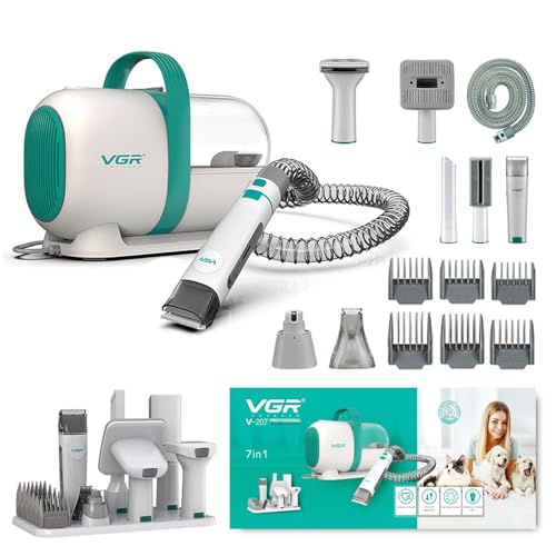 Image of VGR V-207 Professional 7-in-1 Pet Grooming Kit & Vacuum with High Suction Power, Rechargeable Pet Clipper with 180 Minutes Use | Complete Grooming Solution for Dogs and Cats (300 Watts, White)