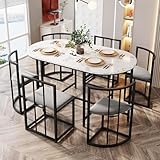 Oyemige Dining Table and Chairs Set 6, Dining Room Table, Modern Dining Table Combination, Chairs with Backrests and Gray Cushions, Chairs can be stored under the table, 140x80x76 cm (Black)