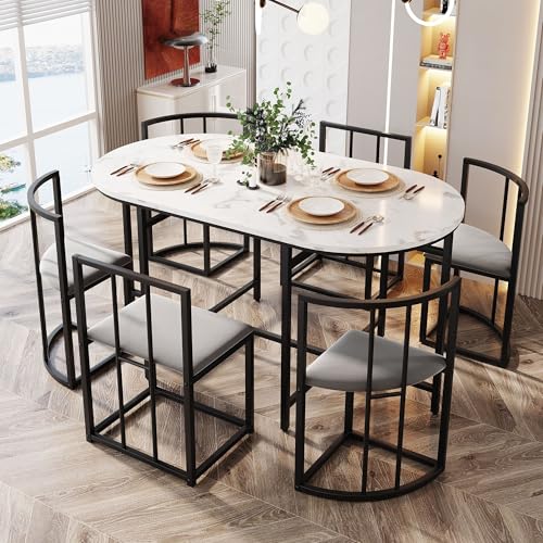 Oyemige Dining Table and Chairs Set 6 Dining Room Table Modern Dining Table Combination Chairs with Backrests and Gray Cushions Chairs can be stored under the table 140x80x76 cm (Black)