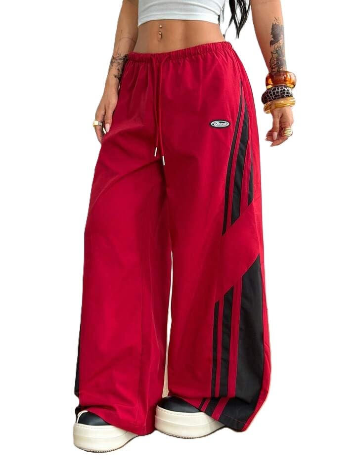 tabadtod Women’s Wide Leg Track Pants High Waisted Elastic Drawstring Joggers Nylon Spandex Y2K Streetwear Color Block Loose Fit Lounge Pants Red-picture-52