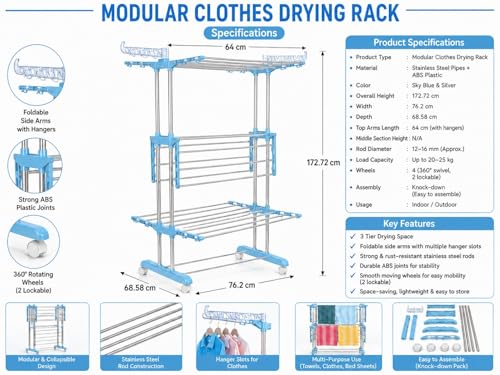 Image of KITCHIVO Premium Clothes Stand for Drying with Wheels | Portable | 3 Layer Rack for Balcony | Foldable Wings | 24 Hanger Rods | Anti Rust Steel Metal (Blue)