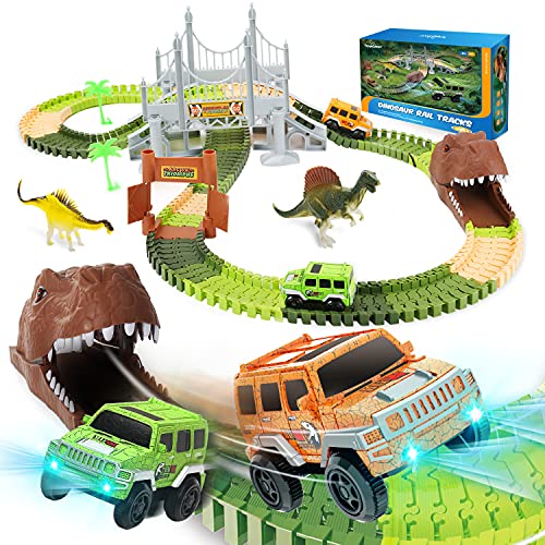 EagleStone Dinosaur Toys Race Car Track Set 194 Pcs for Kids,Flexible Train Tracks to Create A Dino World Road with Bridge,Ramp,2 Electric Cars with LED Light,Best Gift for Toddlers Boys and Girls