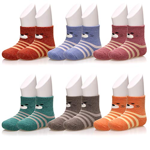 Kids Boys Girls Winter Warm Socks Super Thermal Soft Casual Stripe Toddlers Childrens Thick Crew Socks 6 Pairs (Stripe Bear, 1-3 Years)