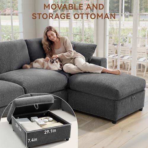 Image of Ihanherry Cloud Sectional Couches for Living Room, 110 inch Large Modular Sectional Sofa with Wide Deep Seat, L Shaped Couch with Throw Pillow and Storage Ottoman, Dark Grey