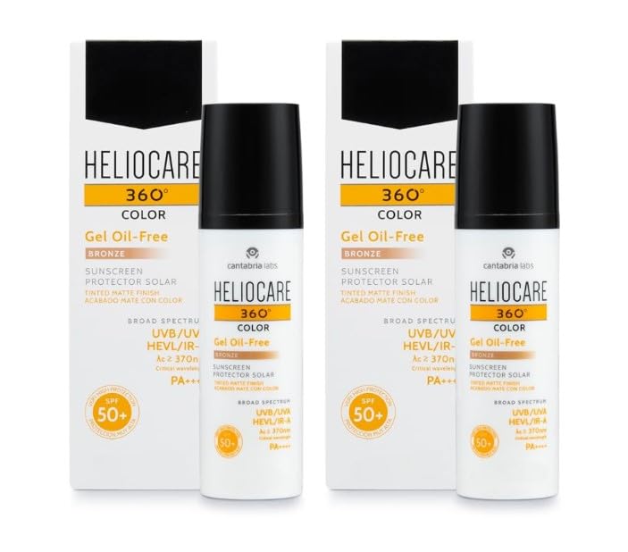 Helio.care Color Gel Oil-free Spf50+ Bronze (2 x 50ml) – Pack of 2 | Face/Daily UVA UVB Visible Light Infrared-A Anti-Ageing Sun Protection/Matte Foundation Coverage