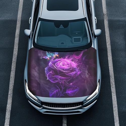 Image of Purple Rose Print Car Hood Cover 39x59 Inch Elastic Polyester Car Hood Protector All Seasons Universal Car Hood Decorative Accessories for Sedan Truck Pickup SUV