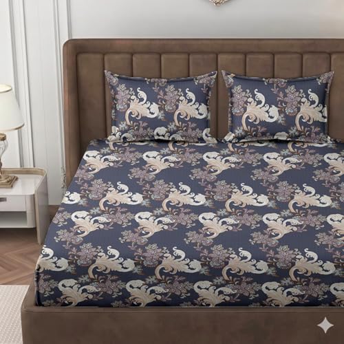Image of DECOREZA Premium Cotton Feel Elastic Fitted Bedsheet Queen Size 60 x 78 Inch with 2 Pillow Covers | All-Around Elastic | Soft & Breathable | Mattress Upto 10 Inches (Blue Damask)