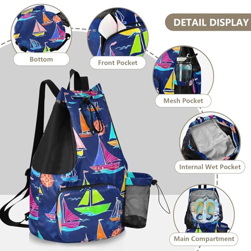 Sailboat Drawing Navy Drawstring Gym Backpack for Men Women Pull String Sports Swim Bag with Mesh Pocket & Adjustable Strap Outdoor Casual Portable Bag for Travel Swimming Outdoor3
