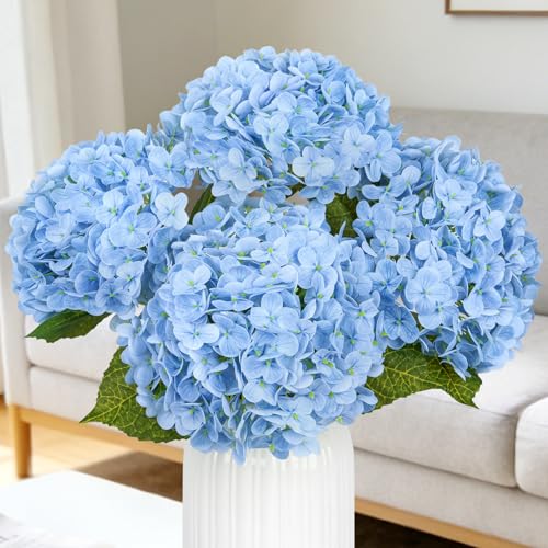 Image of Bassion 4 Pcs 21 inch Blue Hydrangea Artificial Flowers for Decorations | Realistic, lates real touch faux hydrangeas, for wedding bouquet party table centerpieces arrangements home decorations