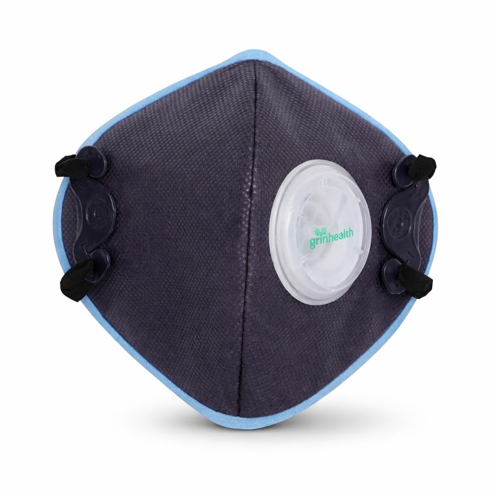 Grin Health N99 Anti Pollution Mask with Air Valve, Activated Carbon, Safty HEPA, Reusable & Washable, Durable (GHAir+, Blue, With Valve, Pack of 1, Fits-All) for Unisex 1