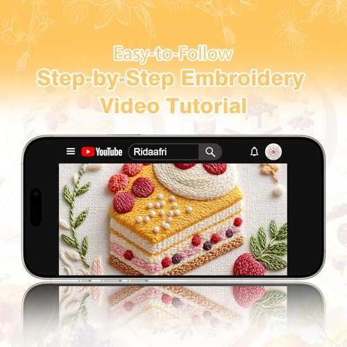 Image of RidaaFri Embroidery Kit for Beginners, 3PC Starter Set with Pre-Printed Cake & Fruit Patterns, Includes Hoop, Needles, Floss, Step-by-Step Guide, DIY Hand Embroidery Craft for Adults