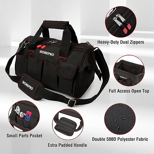 WORKPRO W081020A gereedschapstas met brede opening, gesloten bovenkant, zwart, 12 inch - Afbeelding 4