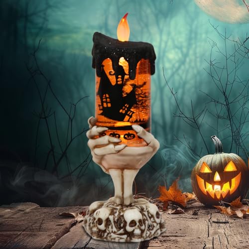 Image of Halloween Snow Globe Flameless Candle with Timer, Battery Operated Tornado Lamp Skeleton Hand Candle Holder Yellow Light Glittering Spinning Water Halloween Table Decor(Bats, 4 inch x 10 inch)
