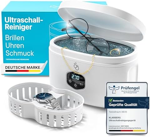 KLARBERG Ultraschallreinigungsgerät 600ml für Brille, Schmuck & Zahnschiene | Ultraschallreiniger für 360° Tiefenreinigung. 5 Modi mit LED-Anzeige und Auto-Abschaltung. Ultraschall
