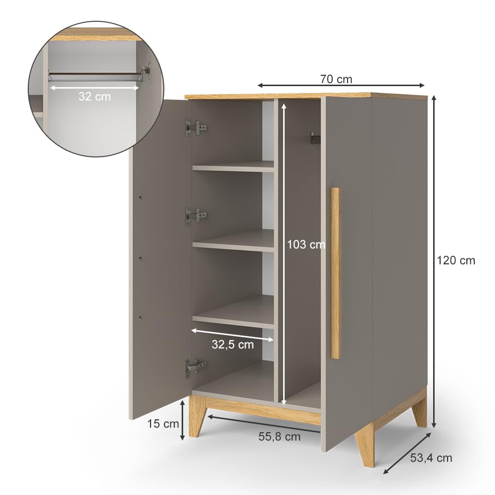 VitaliSpa Kinderkleiderschrank Malia, Cashmere/Eiche, 70 x 120 cm, mit Einlegeböden und Kleiderstange zur flexiblen Aufbewahrung