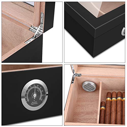 Cigar Humidor, Spanish Cedar Wood Cigar Desktop Box, Glass Top for 25-50 Cigars Luxury Hygrometer and Humidifier, Desktop Humidors Gloss Black - Thumbnail 4