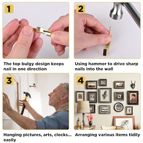 Image of Picture Hanging Hooks 237 Pieces,10LB 20LB 30LB 50LB 100LB Picture Hangers ,Nails Hanging Kit, Metal Picture Hangers for Drywall Wooden Wall,Gold