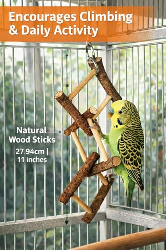 Image of KSK Natural Wood Bird Hanging Toy for Budgies, Lovebirds & Cockatiels - Chewable Climbing Ladder with Real Wood Sticks - Cage Activity Toy for Small & Medium Parrots