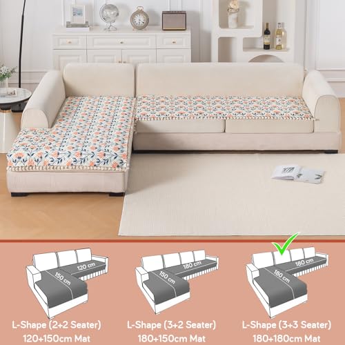 Image of HOKIPO Folk Garden L Shape (3+3 Seater) Sofa Seat Mat with Tassel| Quilted Sofa Cover Mat, 'Tassel Twigs' Series (IN-986-T9*2)