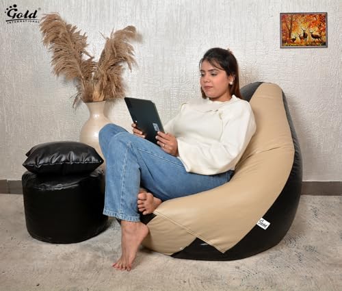 Image of Gold 4XL Bean Bag Combo with Footstool & Cushion | Faux Leather Teardrop Bean Bag for Adults & Teens | Pre-Filled with Beans | Home, Bedroom, Living Room, Office (4XL - Beige & Black)