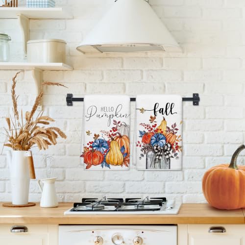 Image of Hello Fall Pumpkin Kitchen Towels, Autumn Leaves Harvest Dish Towels Set of 2, Rustic Thanksgiving Holiday 18 x 26 Inch Hand Towel Quick Drying Dishcloth Decor for Kitchen Bathroom Home