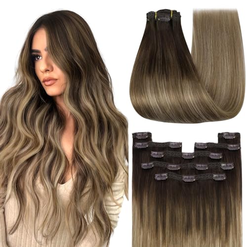 Image of YoungSee 135g Clip in Hair Extensions Brown Human Hair Clip in Extensions Dark Brown Mix Light and Ash Brown Real Human Hair Extension Clip ins for Women 16inch