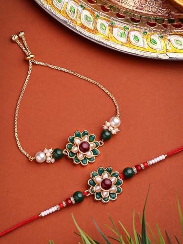 Image of Sukkhi Rakhi Most Beautiful Floral with Gold Plated Red Green Rakshabandhan Combo Lumba Rakhi for Brother Bhiaya Bhabhi with Roli Chawal & Greeting Card|Set of 2|CBRAKL107458