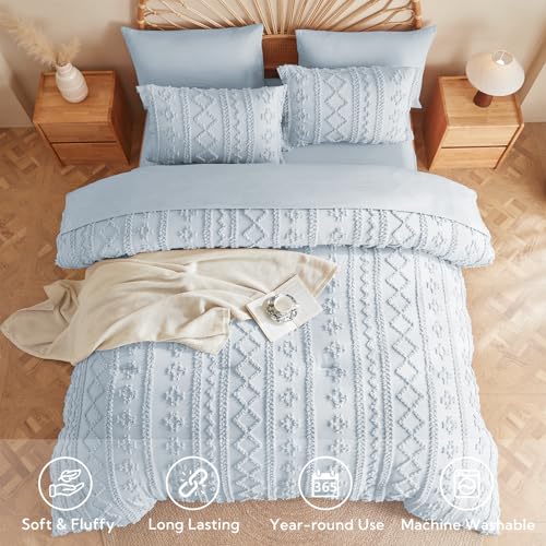 Image of MR&HM Dusty Blue Boho Comforter Set Queen, Tufted Boho Bedding Set, Farmhouse Shabby Chic Bed in a Bag with 1 Comforter, 2 Pillow Shams, 2 Pillowcases, 1 Flat Sheet, 1 Fitted Sheet for All Seasons