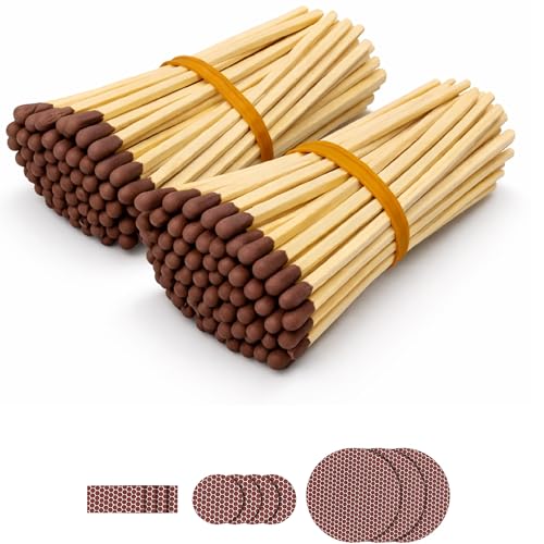 ZIKANI Brown Tip Safety Matches 4 Inch 200 Count Long Wooden Matchsticks with Extra Strike Pads Decorative Fireplace Candle Matches for Home Decor Weddings Kitchen & Emergency Use