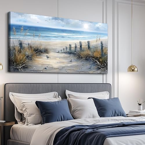FUHAIHUA Canvas Decorations For Living Room Large Wall Art For Office Modern Bedroom Wall Decor Beach Wall Painting Blue Ocean Sea Wave Pictures Artwork Aesthetics Posters Home Decor 24X48 In