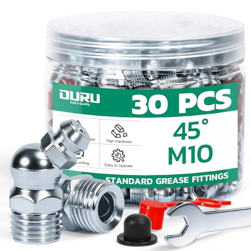 Image of OURU 30PCS M10 METRIC Grease Fittings Kit, Zerk Grease Fittings 45 Degree with Grease Fitting Caps & Wrench Kit(10mm) for Grease Gun