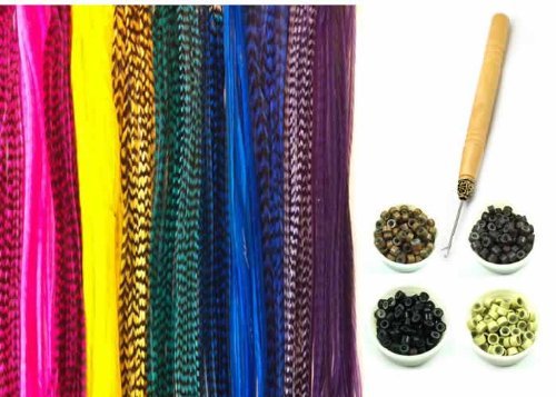 Feather Hair Extension Kit – 21 Pc Rainbow Mix, 10 Genuine Single Feathers Ranging from 7 to 11 Inches, Includes 10 Micro Beads & Hook Tool