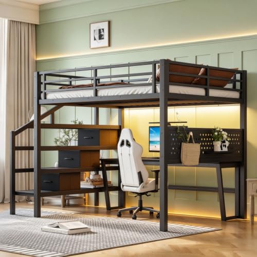 Image of Bellemave Full loft Bed with Movable Desk and Storage Stairs, Shelves, Metal Loft Beds with LED Lights, USB Ports, Multifunctional Iron Nets for Adults, Kids, Teens, Black