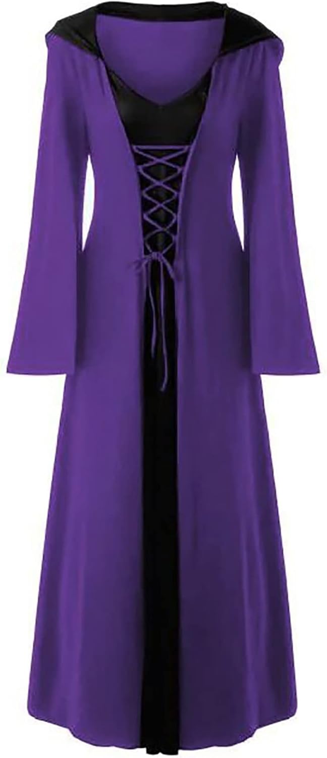 Generic Halloween Hooded Costume Women v Neck Renaissance Dress Corset Vintage Dress Gothic Vampire Gown Witch Costume Purple, XX-Large