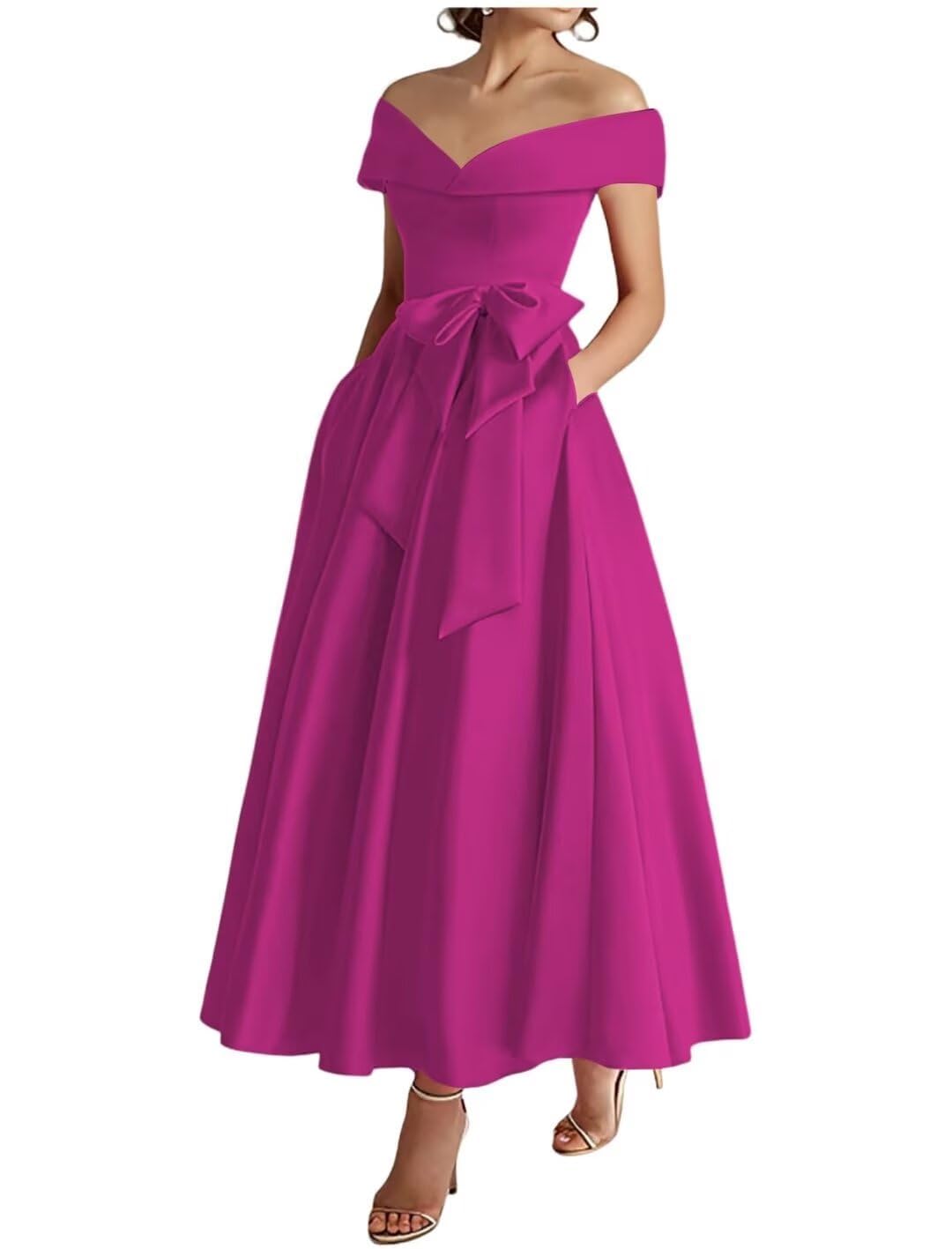 Kurface Women's Fuchsia Mother Of The Bride Dresses Tea Length For Wedding A Line Satin Prom Dress Elegant Formal Evening Gown Uk16