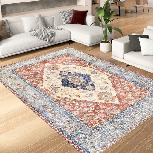 Alishomtll Alfombra para salón, dormitorio, lavable, pelo corto, antideslizante, parte inferior TPR, duradera, resistente, alfombra de poliéster, rectangular, fácil de limpiar, vintage, 120 x 170 cm