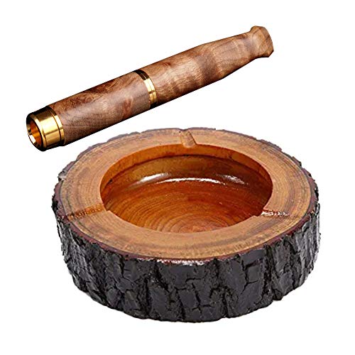 Ixiger Cendrier à cigarettes rond en bois avec porte-cigarettes et cendrier rond pour intérieur et extérieur Fait main Marron 13 à 14 cm
