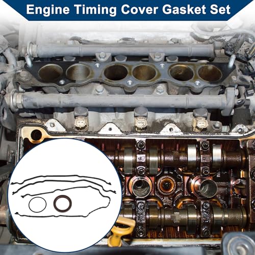 Image of Engine Timing Cover Gasket Set TCS46159 for Ford for Mustang 2011-2019 Chain Case Cover Gasket Long-lasting Sealing Rubber,Metal 1 Set Black