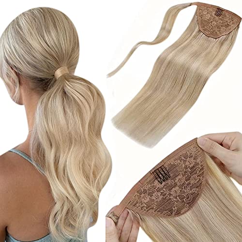 LaaVoo Wrap Around Ponytail Hair Extensions Blonde Clip in Ponytail Hair Extensions 18 Inch Ash Blonde Mixed with Bleach Blonde Highlighted Ponytail Human Hair Extensions Blonde Straight 80g