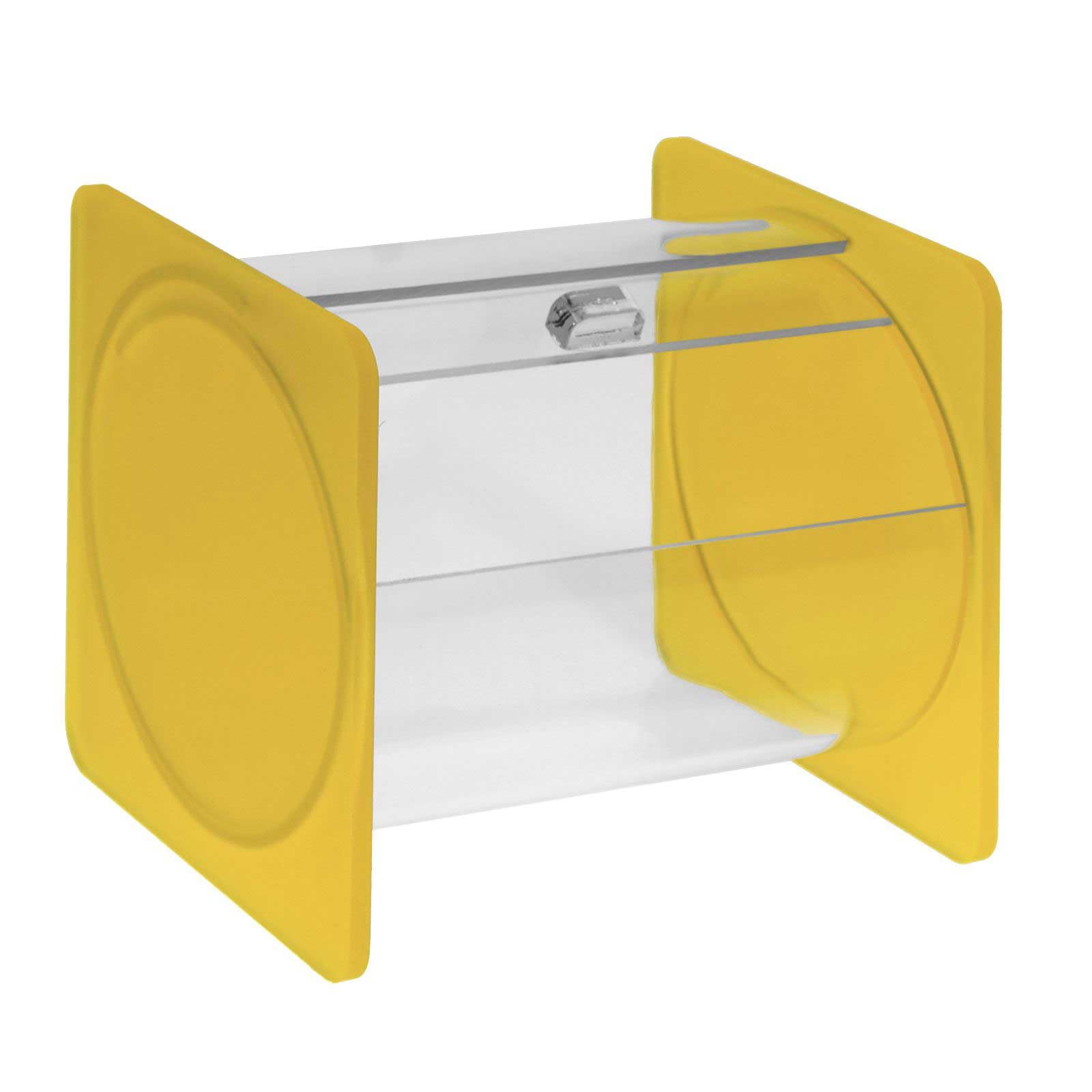 Portacaramelle confezionate sezione circolare in plexiglass trasparente e con pannelli laterali in plexiglass satinato GIALLO - Misure totali: L 15 x P 14 x H 14 cm
